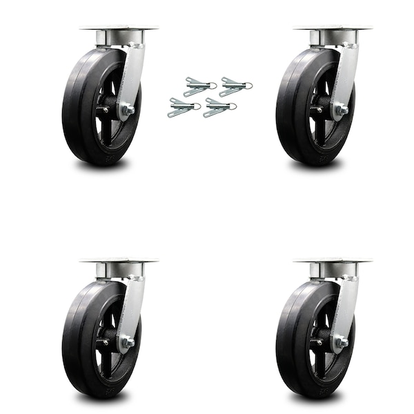 8 Inch Kingpinless Rubber on Steel Wheel Swivel Caster Set with Swivel Lock SCC